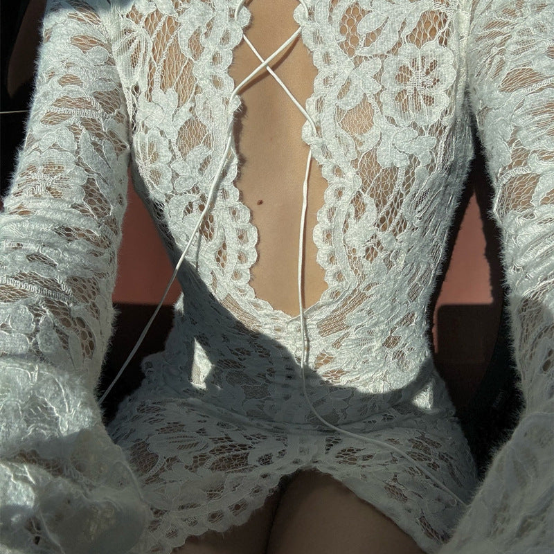 Garcelle Floral Lace Lace-up Long Bell Sleeve Slit Midi Dress