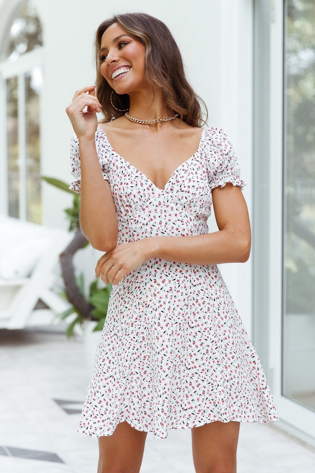Zarena Printed Babydoll Dress Taupe Grey