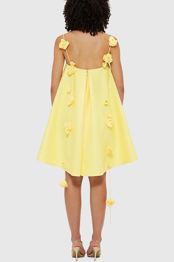 Women's new suspender satin dress INS casual loose vacation elegant yellow rose dress