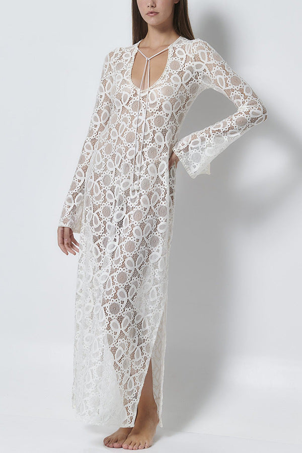 Women's Lace Lace White Lucky Flower Dress Long, Long Sleeve Sheer Tie INS Loose Holiday Split Dresses