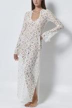 Women's Lace Lace White Lucky Flower Dress Long, Long Sleeve Sheer Tie INS Loose Holiday Split Dresses