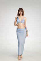 Dusty Blue Floral Accent Bikini with Maxi Sarong Skirt Set