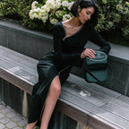 Early Shoulder Design Zipper Slit Black Hip Bag Dress
