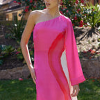 Ladies' fashionable and elegant contrasting printed single sleeve slit long skirt