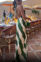 Most Dreamy Stripe Print Halter Tie-up Backless Pocket Loose Maxi Dress