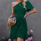 Kaine Satin One Shoulder Ruffle Dress Hunter Green FINAL