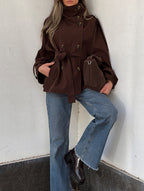 Turtleneck Double Breasted Waist Tie Coat