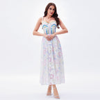 French Romantic Holiday Beaded Strap Tube Top Dress Three Dimensional Floral Fairy Boning Corset Waist Tight Princess Sling Dress