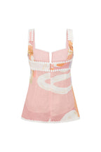European Summer Linen Blend Ric Rac Trims Unique Print Button Tank