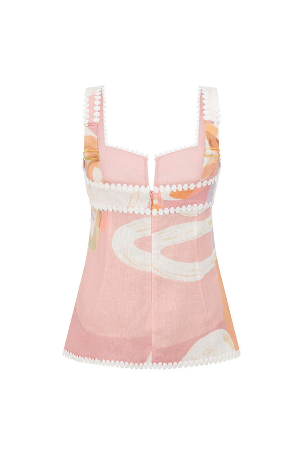 European Summer Linen Blend Ric Rac Trims Unique Print Button Tank