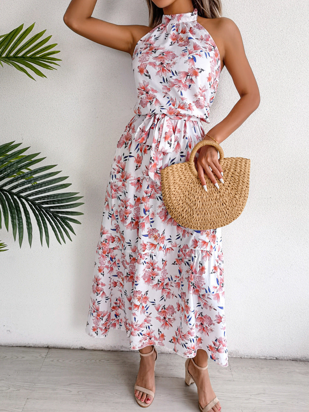 Sure Thing Floral Chiffon Halter Maxi Dress Cream FINAL