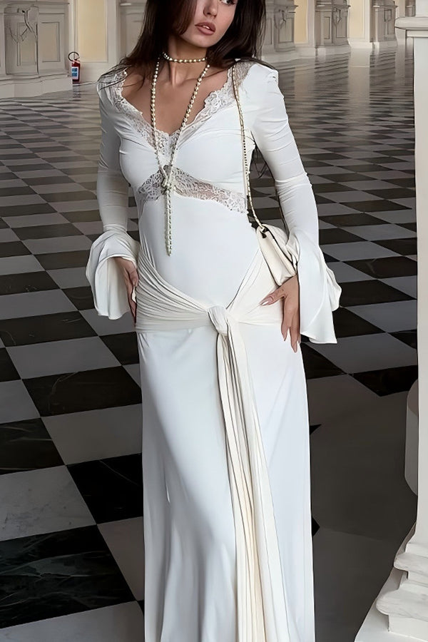 Fashion Lace Splicing Sexy V-neck Long-sleeved Slim Maxi Dress