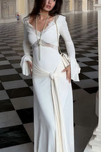 Fashion Lace Splicing Sexy V-neck Long-sleeved Slim Maxi Dress