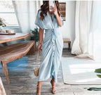 Essence Satin Tie Front Midi Shirt Dress Steel Blue