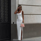 Lace Stitching Square Collar Sleeveless Low Cut Slit Dress Hip