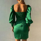 Elyssa Satin Ruffle Mini Dress Emerald