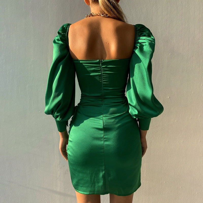 Elyssa Satin Ruffle Mini Dress Emerald