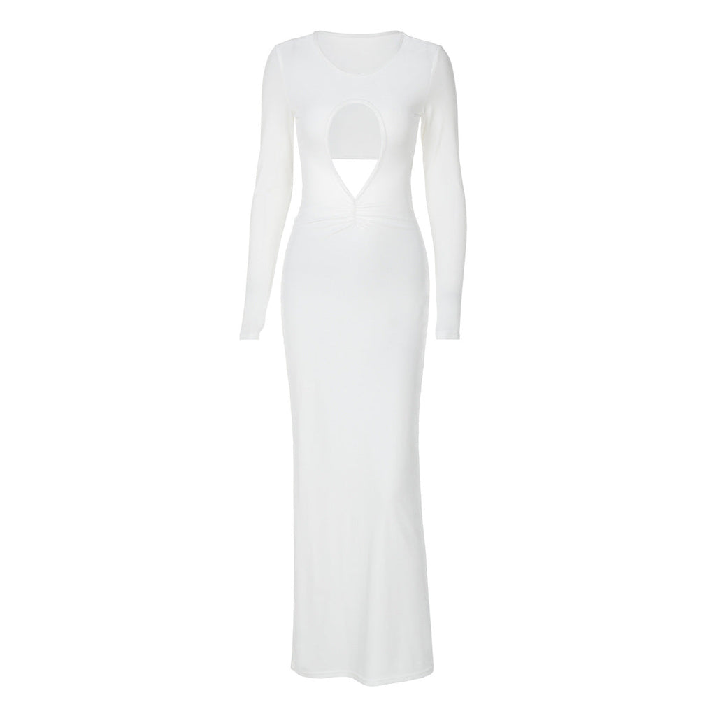 Cutout Slim Pleated Solid Color Long Sleeve Dress