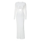 Cutout Slim Pleated Solid Color Long Sleeve Dress