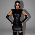 Street Hipster Faux Leather StCollar Sleeveless Oversleeve Sheath Pleated Dress
