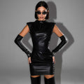 Street Hipster Faux Leather StCollar Sleeveless Oversleeve Sheath Pleated Dress
