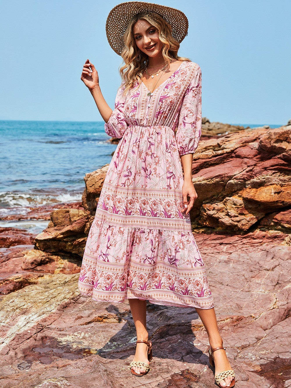 Oria Floral Tiered Tassel Maxi Dress Tangerine Fuchsia