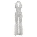 Elegant Lace Hollow Out Cutout out Halter Maxi Dress Backless Solid Color Dress