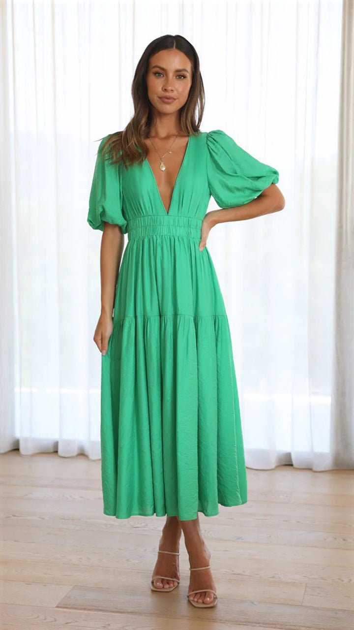 Nancy Chic V Neck Dress with Puff Sleeves Silhouette Collection