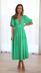 Nancy Chic V Neck Dress with Puff Sleeves Silhouette Collection