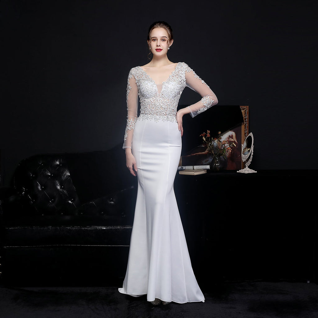 Full Craft Lace Diamond Toast Dress Bride Long Long Sleeve Appreciation Dinner Fishtail Evening Dress Formal Gown