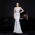 Full Craft Lace Diamond Toast Dress Bride Long Long Sleeve Appreciation Dinner Fishtail Evening Dress Formal Gown