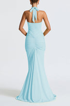 Solid Color Elegant Halterneck V-neck Open Back Tie Gathered Maxi Dress