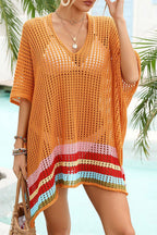 Color Block V Neck Slit Hollow Short Sleeved Knitted Cover Up