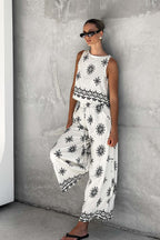 Unique Printed Round Neck Sleeveless Button Top and Elastic Waist Pocket Wide Leg Pants Set