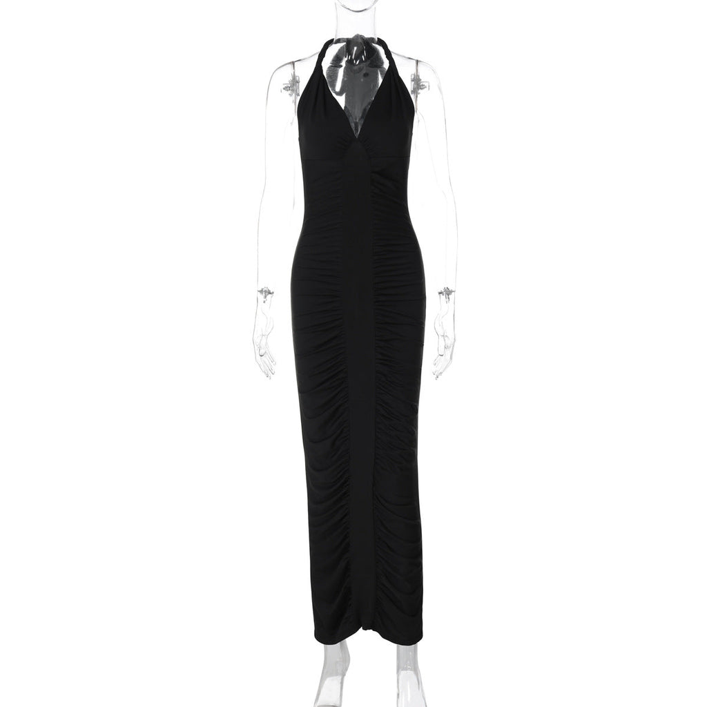 V neck Backless Lace up Slim Fit Pleated Dress