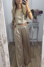Rita Metallic Fabric Back Buttons Crop Tank and Elastic Waist Pocketed Wide Leg Pants Set