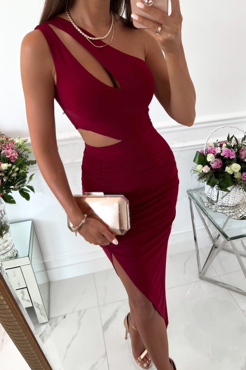 Spicy One Shoulder Cutout Midi Dress Red