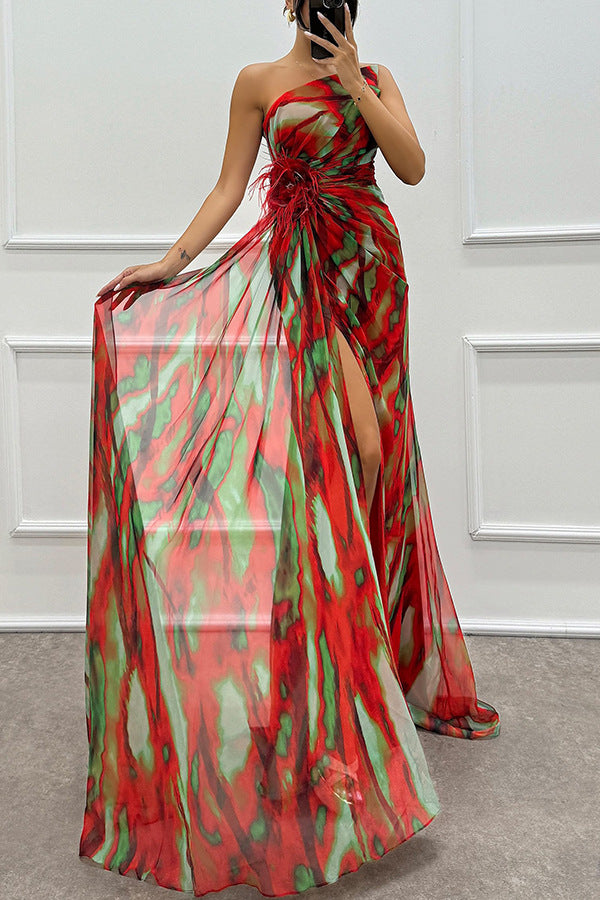 Fairy Watercolor Design Printed Feather Rose Details Off Shoulder Sexy Folded Open Skirt