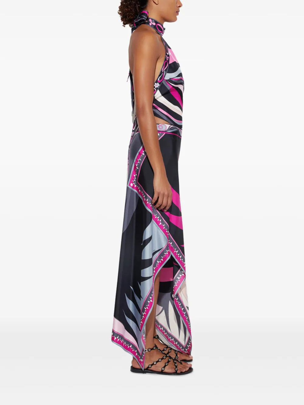 Satin Unique Print Halter Top and Irregular Midi Skirt Set