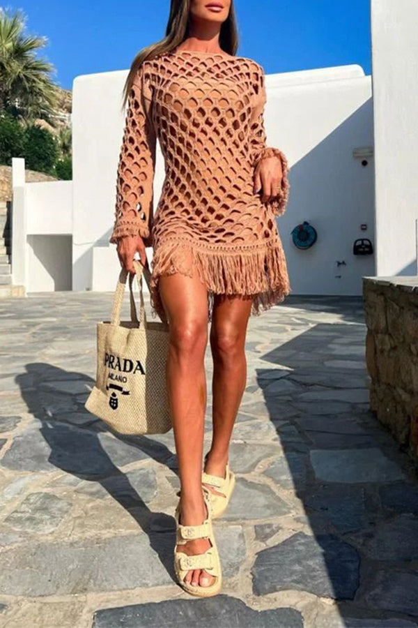 Beautiful Long Sleeved Pullover Fringed Mesh Cover Up