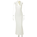 V neck Halter Maxi Dress Backless Slim Fit Solid Color