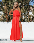Vivid Strapless Slit Maxi Dress Bright Orange