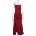 Slim Satin Pockets Collar Slit Formal Dress