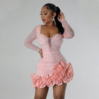Drilling Bubble Beads Dress Short Dress Women Long Sleeve Square Collar