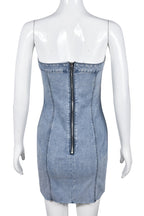 Vintage Distressed Banded Strapless Denim Bodycon Mini Dress - Light Blue