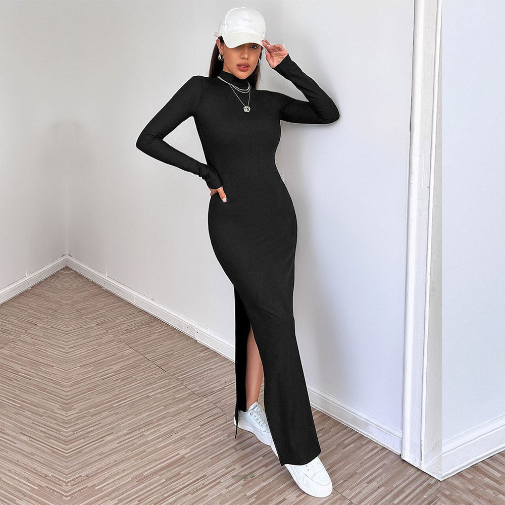 Simple Backless Design Slim Fit Slit Midi Dress