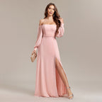 Multiple Wear Elegant Tube Top Elastic Long Sleeve Back Zipper High Slit Formal Dress A line Chiffon Dress