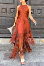 Fashion Sleeveless Halter Neck Elegant Tassel Slim Maxi Dress
