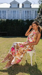 Happier Now Satin Floral Halter Maxi Dress