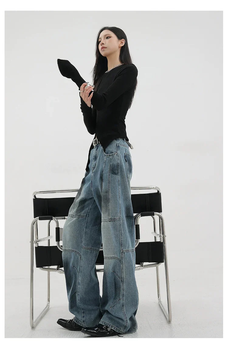 Vintage Distressed And Dirt-Dyed Patchwork Wide-Leg Jeans